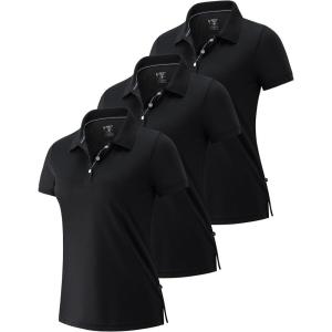 3 Pack Women’s Athletic Dry Fit Polo Shirts, Wicking Short Sleeve Collared Golf T Shirt Tennis Tops(Black/Black/Black)
