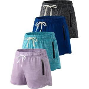 4 Pack Youth Girls Athletic Shorts 3″, Girls Soccer Shorts, Kids Workout Gym Clothes Activewear Apparel with Zipper Pockets(Blue/Navy/Black/Lavender)
