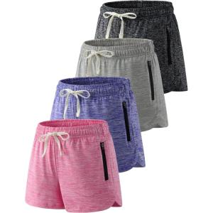 4 Pack Youth Girls Athletic Shorts 3″, Girls Soccer Shorts, Kids Workout Gym Clothes Activewear Apparel with Zipper Pockets(Gray/Black/Pink/Lavender)