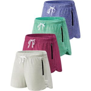 4 Pack Youth Girls Athletic Shorts 3″, Girls Soccer Shorts, Kids Workout Gym Clothes Activewear Apparel with Zipper Pockets(Lilac/Mint/Magenta/Light Gray)