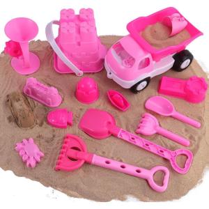 Liberty Imports 14 PCS Pink Sand Toys, Princess Castle Beach Play Set for Girls with Dump Truck, Sandwheel, Bucket, Play Tools and Sand Molds Imaginative Playset for Kids, Toddlers