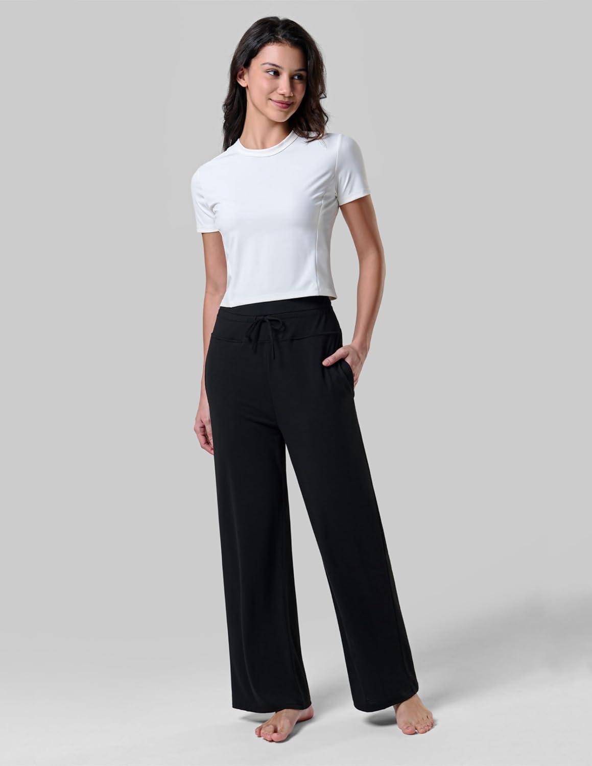 image:imageLiberty Pro Petite Womens Pajama Pants 26 Inseam Lightweight Ankle Length Wide Leg High Waisted Lounge Pants with PocketsBlack