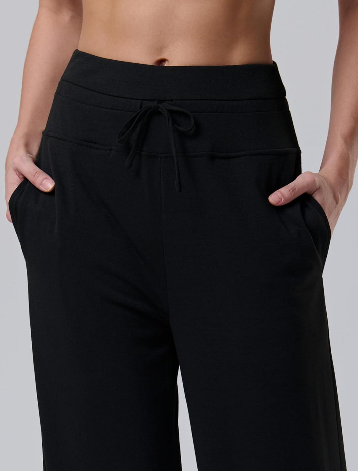 image:imageLiberty Pro Petite Womens Pajama Pants 26 Inseam Lightweight Ankle Length Wide Leg High Waisted Lounge Pants with PocketsBlack