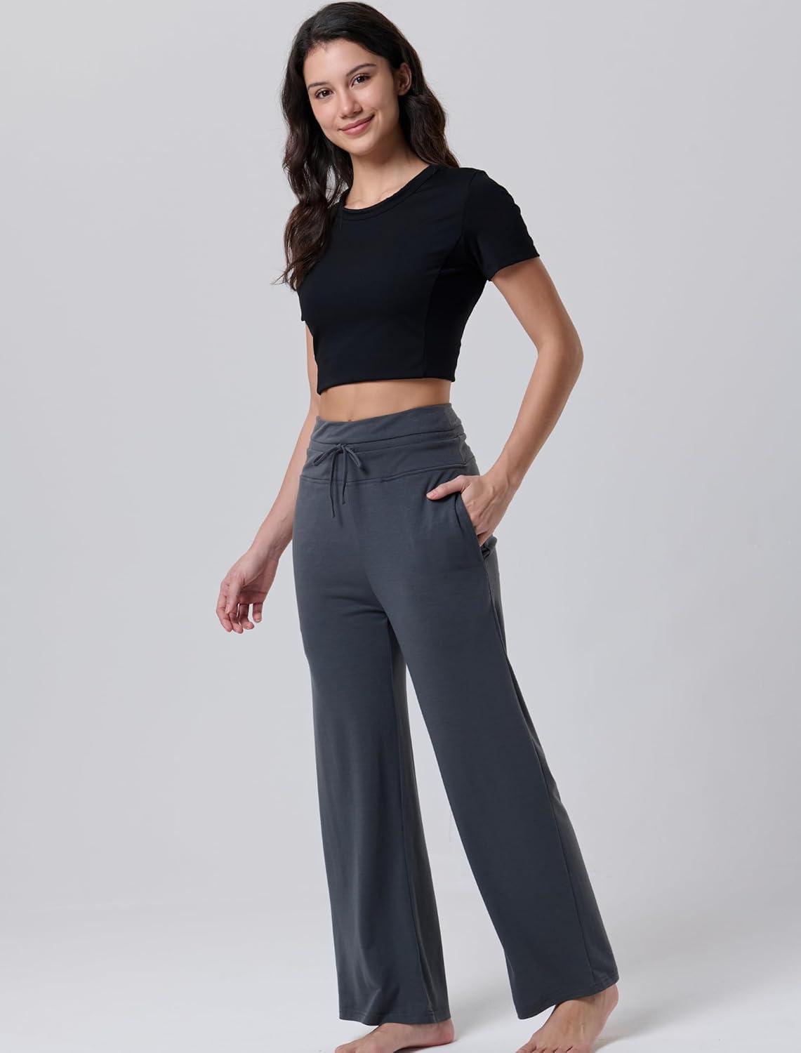 image:imageLiberty Pro Petite Womens Pajama Pants 26 Inseam Lightweight Ankle Length Wide Leg High Waisted Lounge Pants with PocketsCharcoal