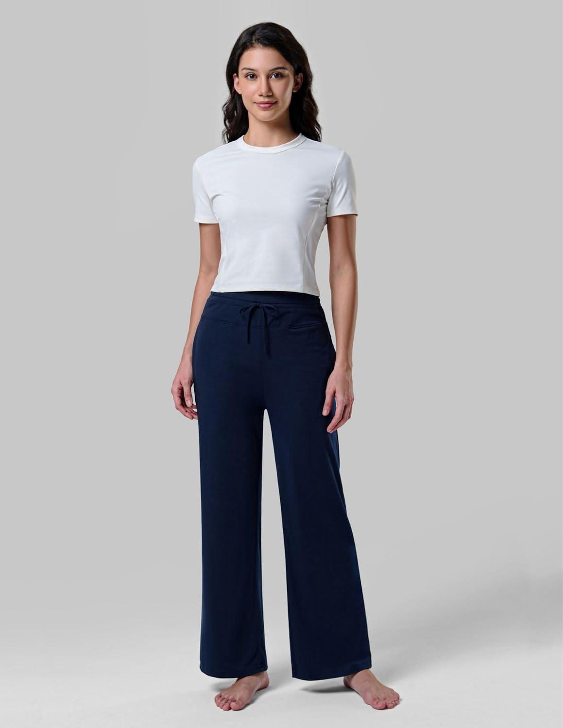 image:imageLiberty Pro Petite Womens Pajama Pants 26 Inseam Lightweight Ankle Length Wide Leg High Waisted Lounge Pants with PocketsNavy