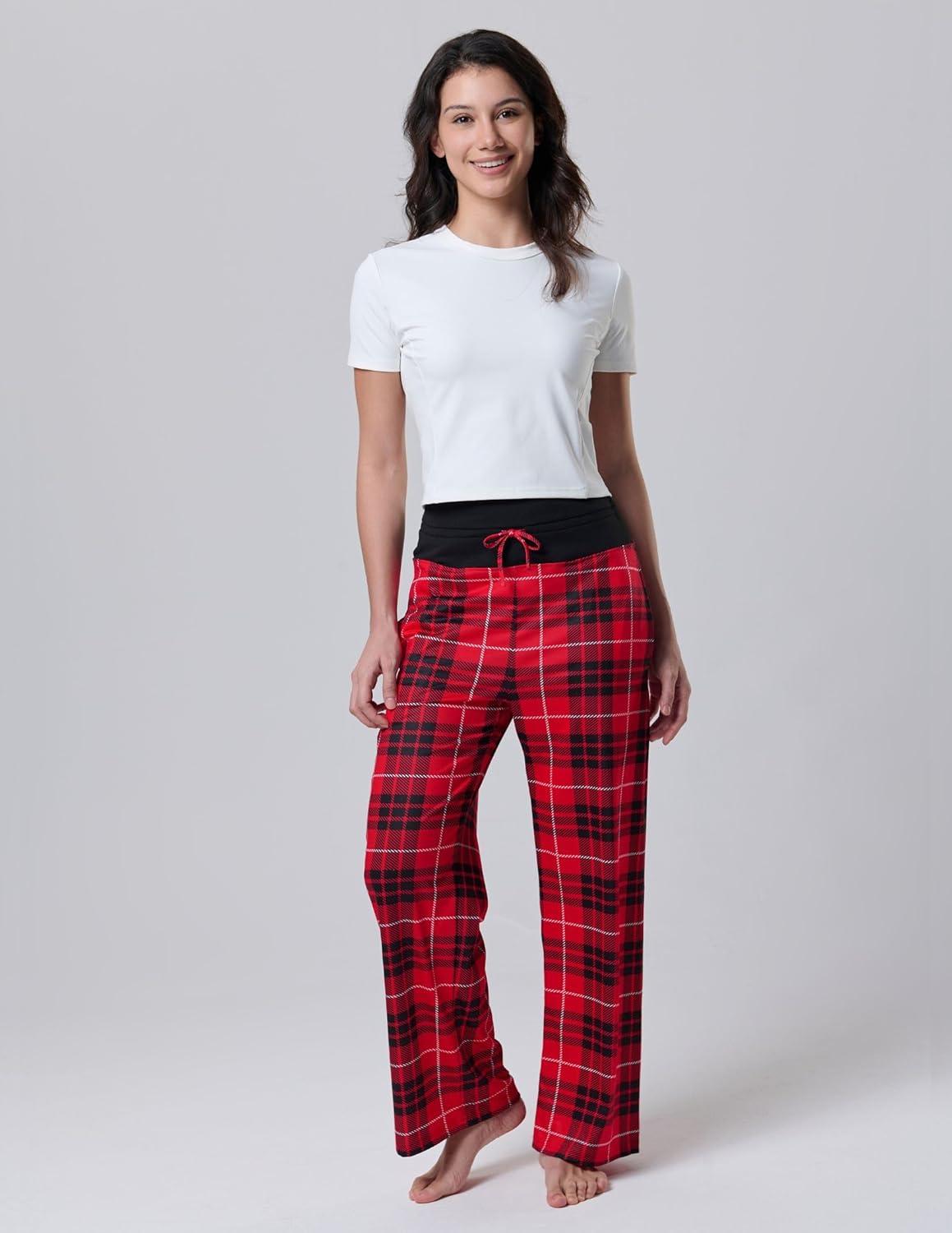 image:imageLiberty Pro Petite Womens Pajama Pants 26 Inseam Lightweight Ankle Length Wide Leg High Waisted Lounge Pants with PocketsRed Plaid