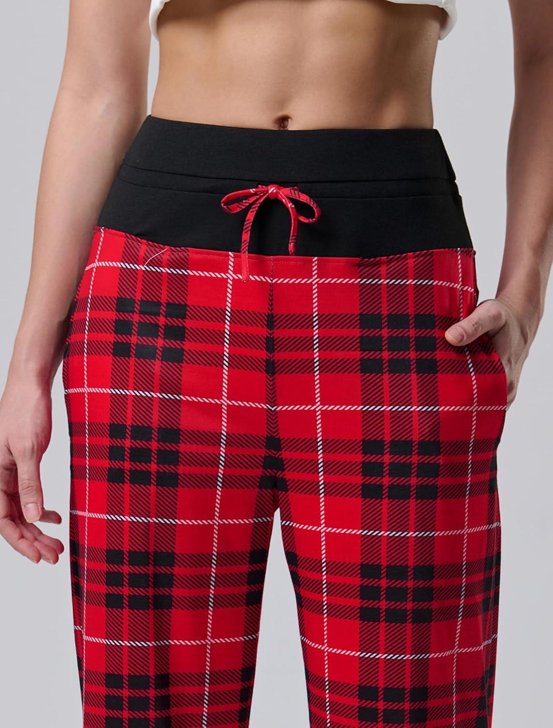 image:imageLiberty Pro Petite Womens Pajama Pants 26 Inseam Lightweight Ankle Length Wide Leg High Waisted Lounge Pants with PocketsRed Plaid