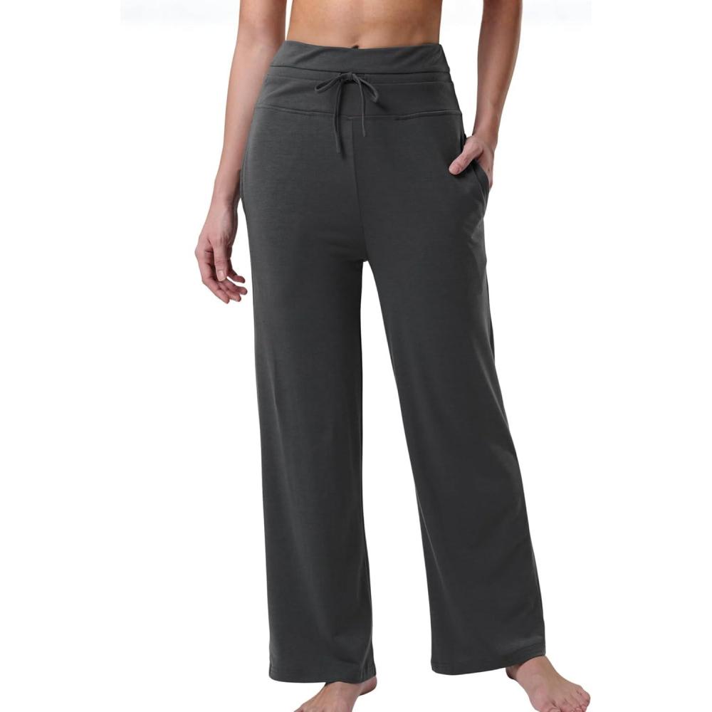 image:imageLiberty Pro Petite Womens Pajama Pants 26 Inseam Lightweight Ankle Length Wide Leg High Waisted Lounge Pants with PocketsCharcoal
