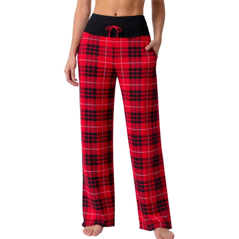image:imageLiberty Pro Petite Womens Pajama Pants 26 Inseam Lightweight Ankle Length Wide Leg High Waisted Lounge Pants with PocketsRed Plaid