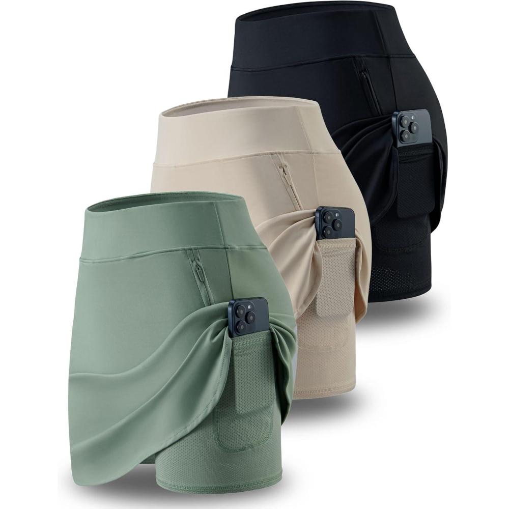 image:image3 Pack Womens Active Skorts with Pockets High Waist Athletic Skirts with Builtin Shorts for Tennis Golf WorkoutBeigeOliveBlack