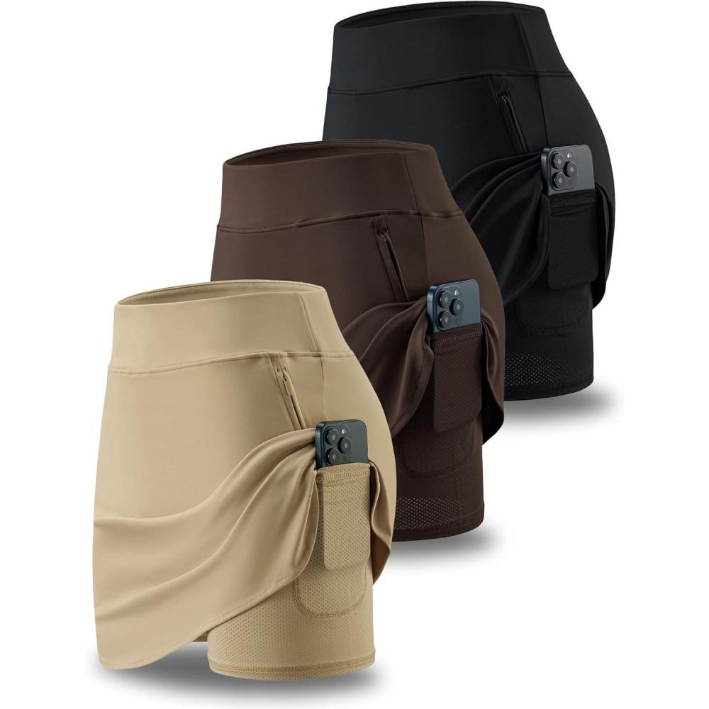 image:image3 Pack Womens Active Skorts with Pockets High Waist Athletic Skirts with Builtin Shorts for Tennis Golf WorkoutDark KhakiBrownBlack