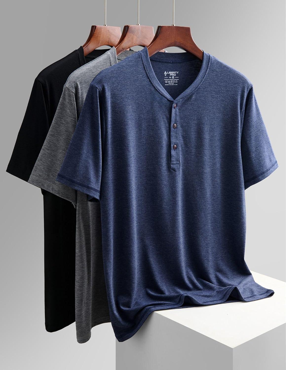 image:imageLiberty Pro 3Pack Mens Casual Henley Shirts Comfort Soft Stretch Tees Relaxed Fit 3Button Summer TShirtsBlackNavy BlueHeather Gray