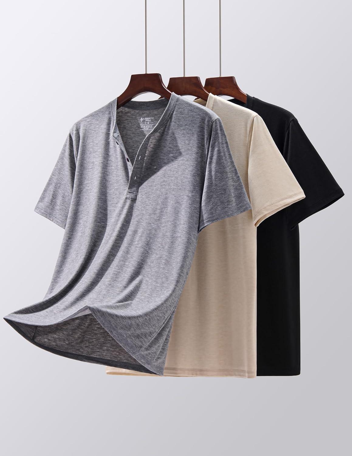 image:imageLiberty Pro 3Pack Mens Casual Henley Shirts Comfort Soft Stretch Tees Relaxed Fit 3Button Summer TShirtsIvoryBlackHeather Gray