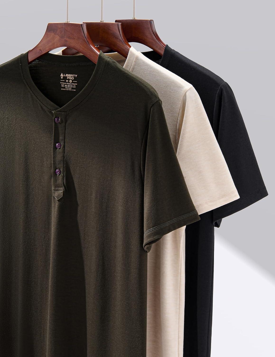 image:imageLiberty Pro 3Pack Mens Casual Henley Shirts Comfort Soft Stretch Tees Relaxed Fit 3Button Summer TShirtsIvoryBlackOlive Green