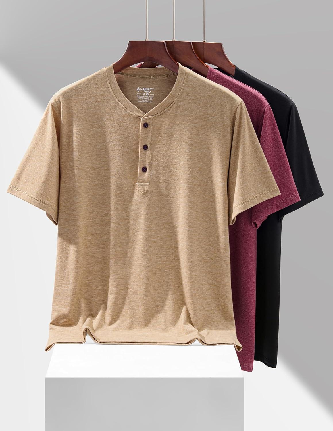 image:imageLiberty Pro 3Pack Mens Casual Henley Shirts Comfort Soft Stretch Tees Relaxed Fit 3Button Summer TShirtsTaupeBlackBurgundy