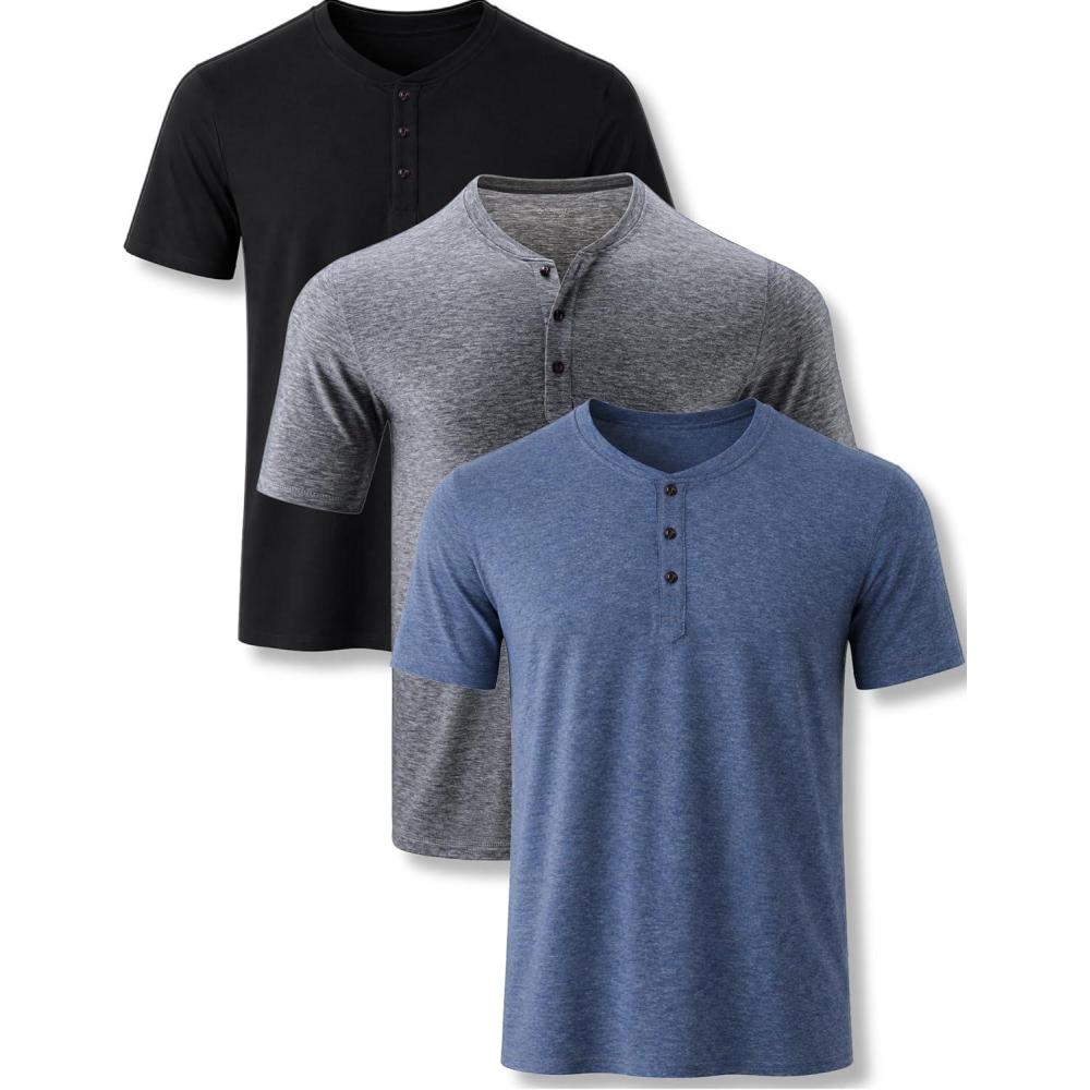 image:imageLiberty Pro 3Pack Mens Casual Henley Shirts Comfort Soft Stretch Tees Relaxed Fit 3Button Summer TShirtsBlackNavy BlueHeather Gray