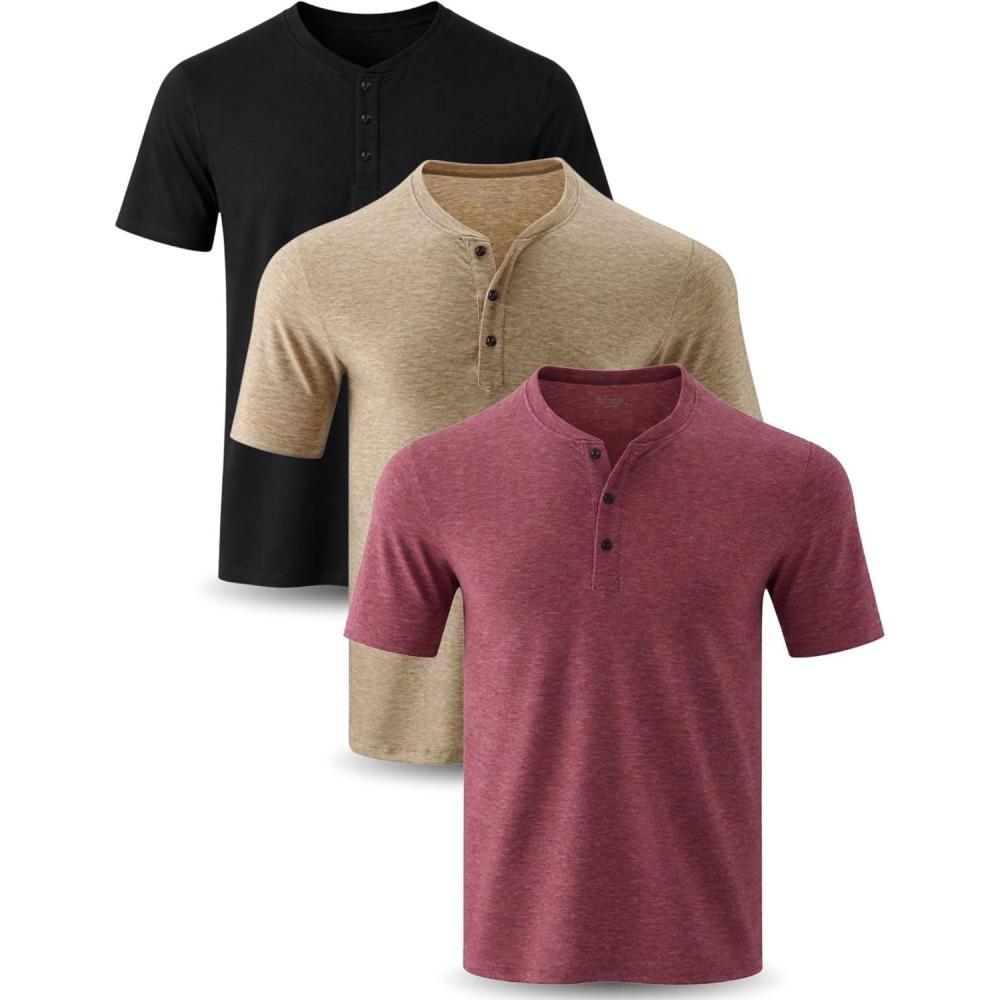 image:imageLiberty Pro 3Pack Mens Casual Henley Shirts Comfort Soft Stretch Tees Relaxed Fit 3Button Summer TShirtsTaupeBlackBurgundy