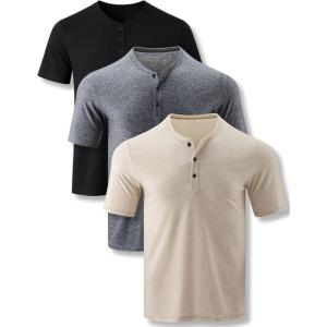 Liberty Pro 3-Pack: Men’s Casual Henley Shirts – Comfort Soft Stretch Tees, Relaxed Fit 3-Button Summer T-Shirts(Ivory/Black/Heather Gray)