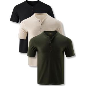 Liberty Pro 3-Pack: Men’s Casual Henley Shirts – Comfort Soft Stretch Tees, Relaxed Fit 3-Button Summer T-Shirts(Ivory/Black/Olive Green)