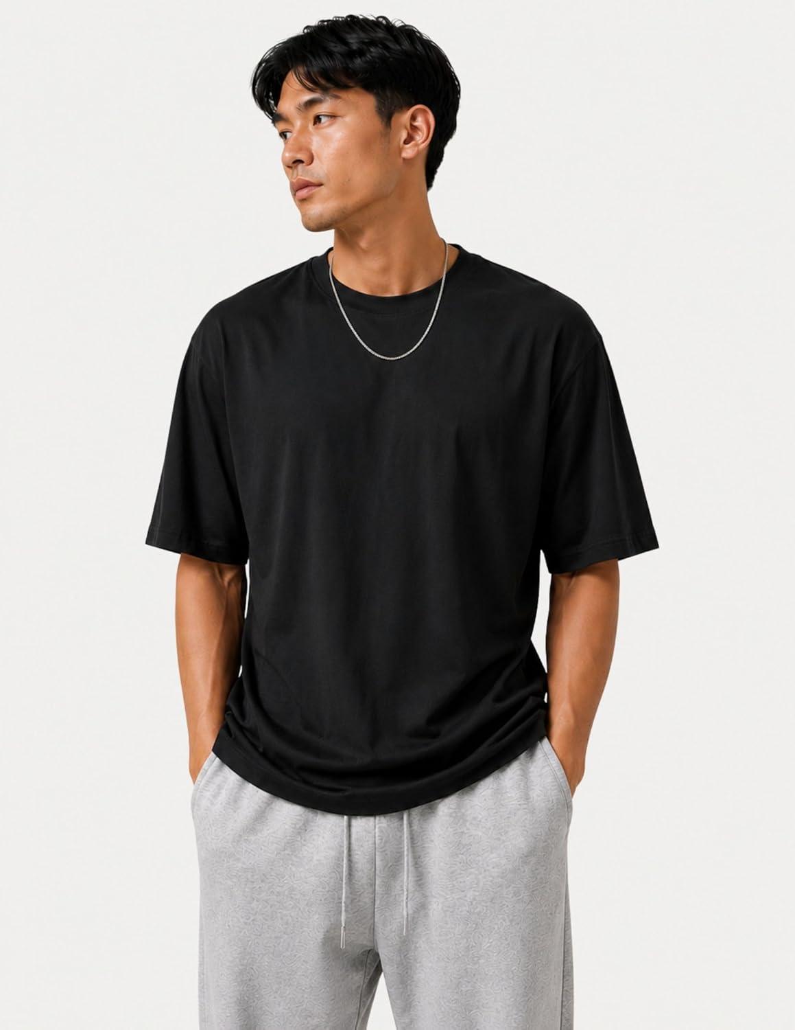 image:imageMens Oversized T Shirt Drop Shoulder Loose Fit Tee Soft Lightweight Short Sleeve Crew Neck Casual Gym Workout ShirtBlack