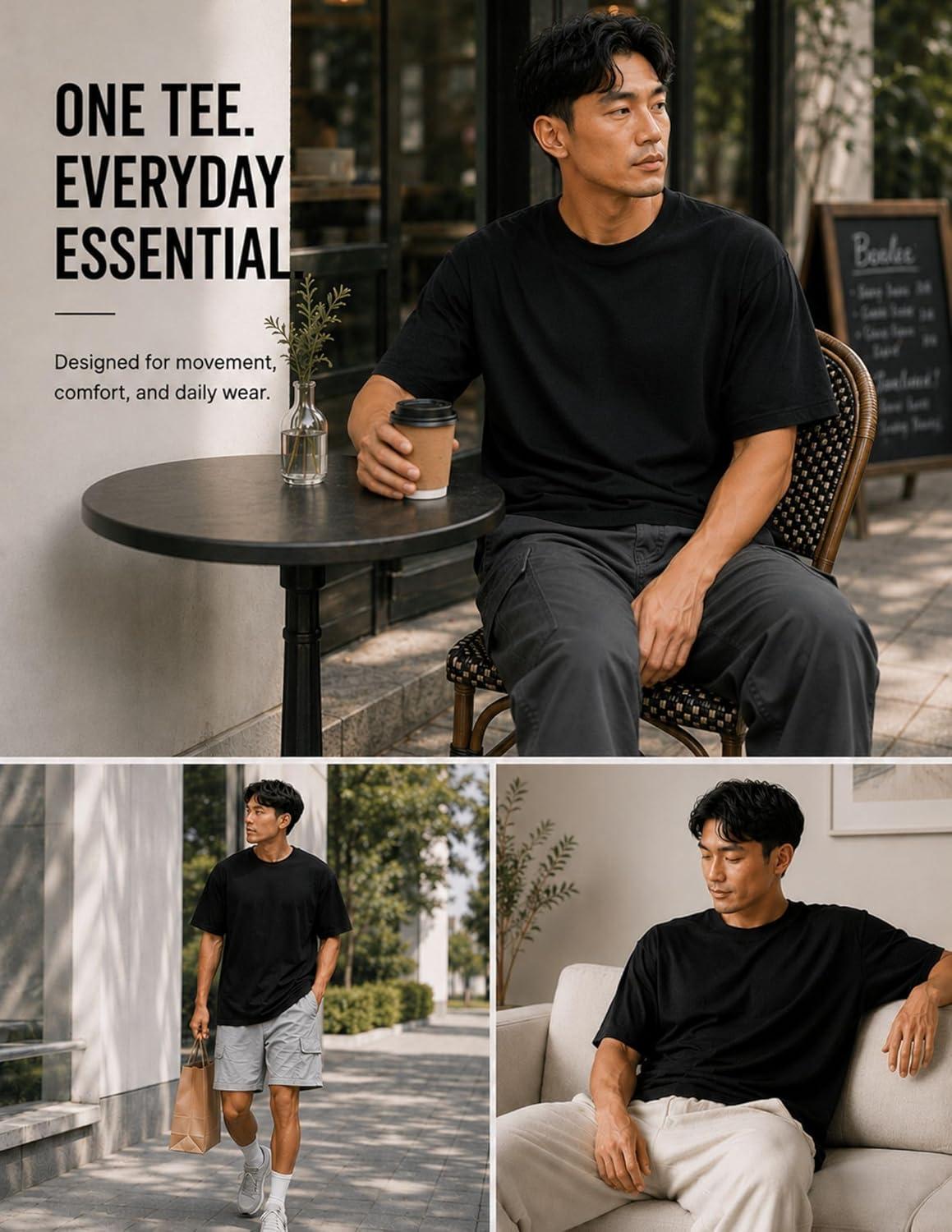 image:imageMens Oversized T Shirt Drop Shoulder Loose Fit Tee Soft Lightweight Short Sleeve Crew Neck Casual Gym Workout ShirtBlack