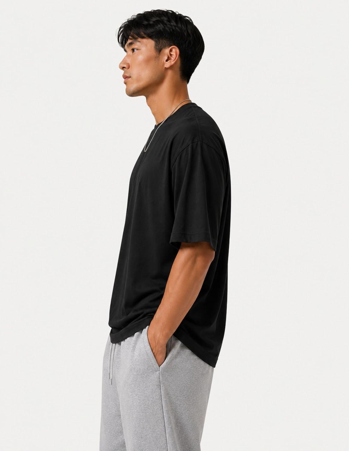 image:imageMens Oversized T Shirt Drop Shoulder Loose Fit Tee Soft Lightweight Short Sleeve Crew Neck Casual Gym Workout ShirtBlack