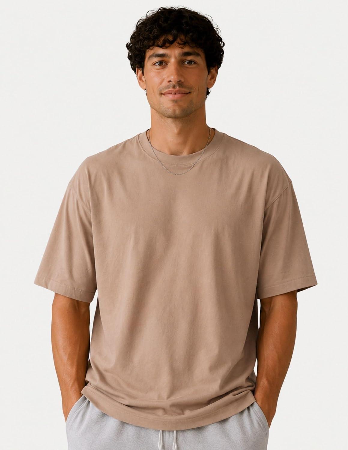 image:imageMens Oversized T Shirt Drop Shoulder Loose Fit Tee Soft Lightweight Short Sleeve Crew Neck Casual Gym Workout ShirtSand