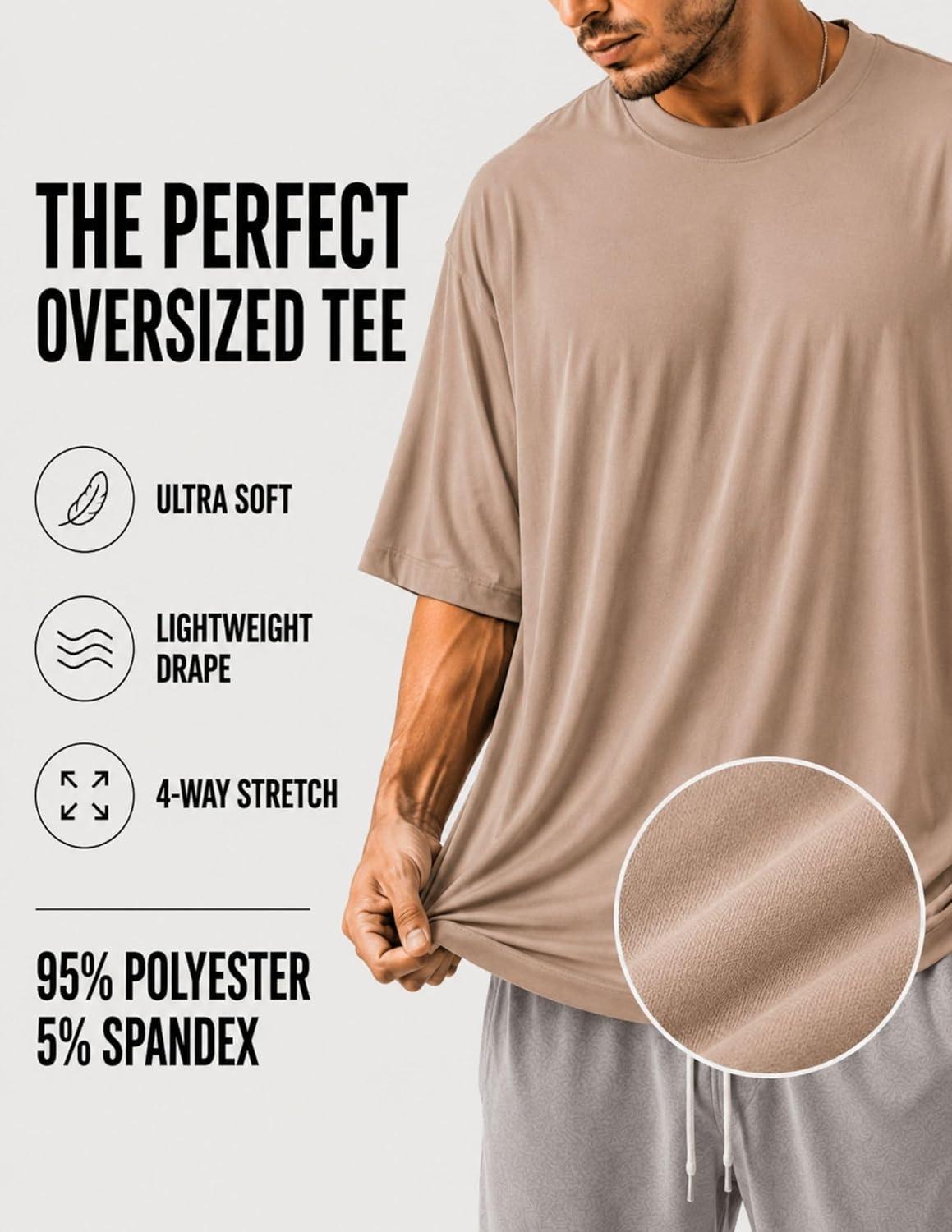 image:imageMens Oversized T Shirt Drop Shoulder Loose Fit Tee Soft Lightweight Short Sleeve Crew Neck Casual Gym Workout ShirtSand