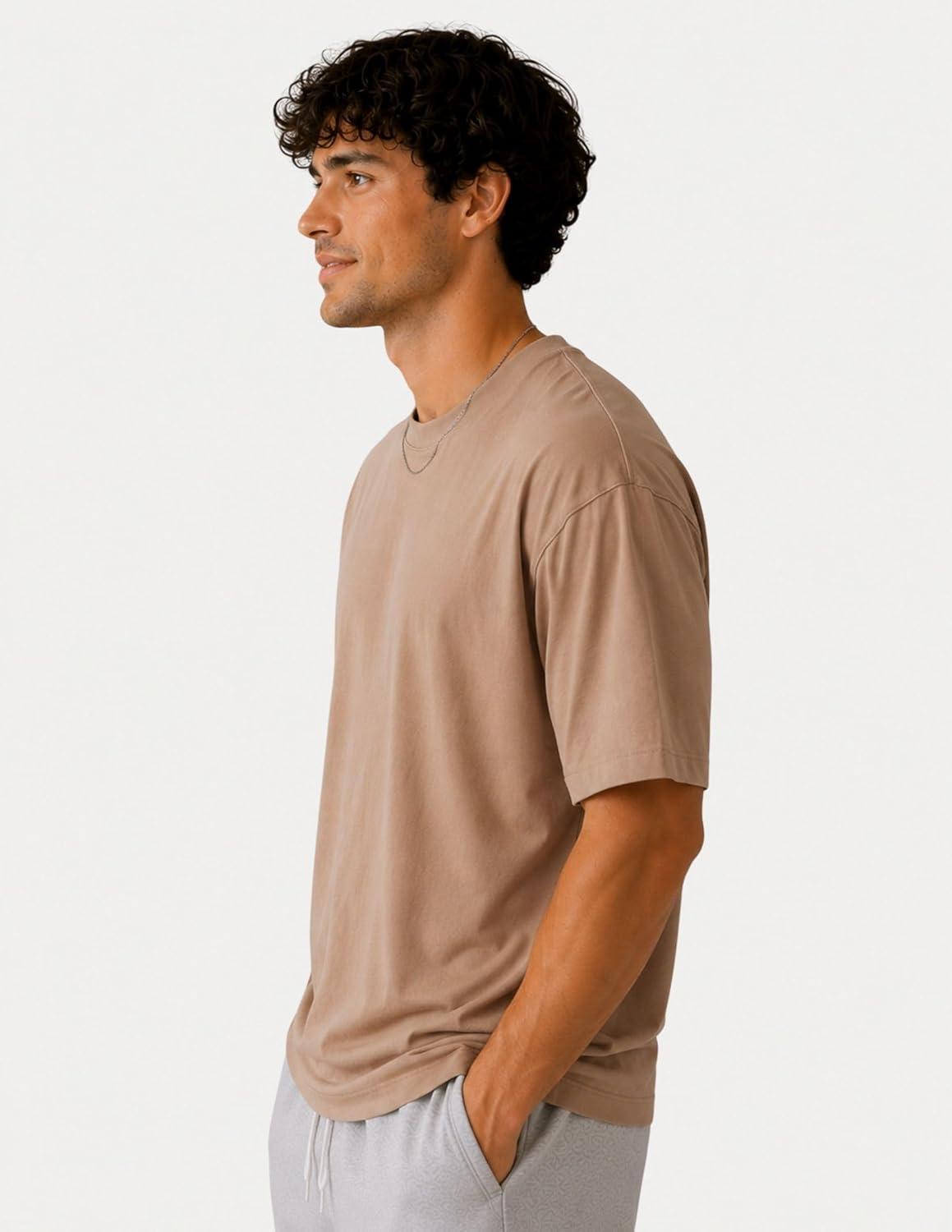 image:imageMens Oversized T Shirt Drop Shoulder Loose Fit Tee Soft Lightweight Short Sleeve Crew Neck Casual Gym Workout ShirtSand