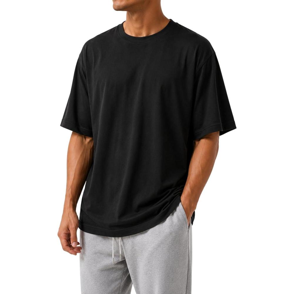 image:imageMens Oversized T Shirt Drop Shoulder Loose Fit Tee Soft Lightweight Short Sleeve Crew Neck Casual Gym Workout ShirtBlack
