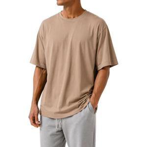 Mens Oversized T Shirt, Drop Shoulder Loose Fit Tee, Soft Lightweight Short Sleeve Crew Neck Casual Gym Workout Shirt(Sand)