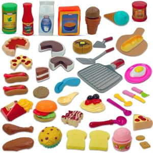 50 PCS Kids Deluxe Pretend Play Food Set with Kitchen Tools, Breakfast, Fast Food, Ice Cream & Desserts – Fun & Interactive Gourmet Toy Assortment Playset for Imaginative Play(50 Pieces)