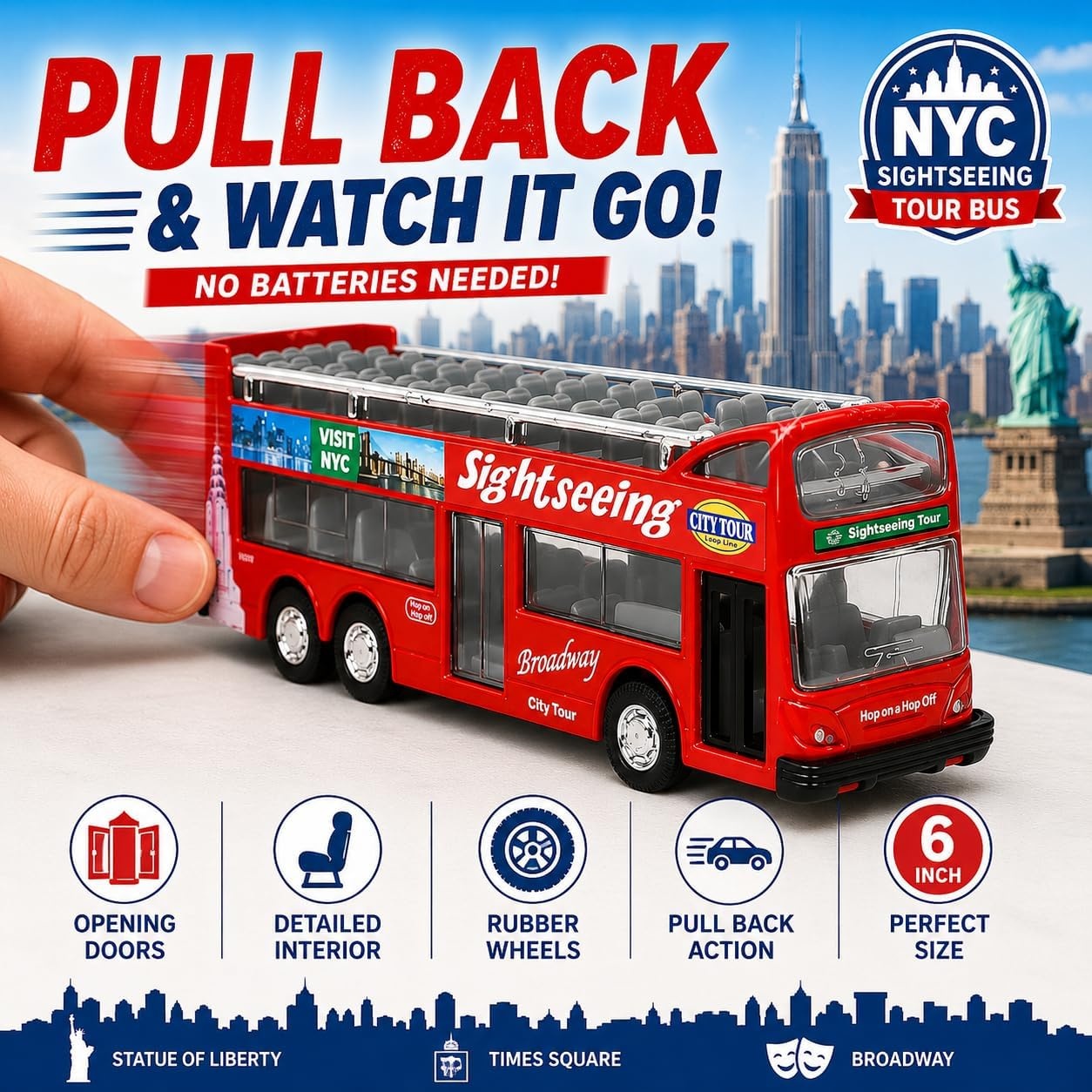 image:imageLiberty Imports 132 Scale Die Cast Sightseeing Tour Bus Toy Pull Back Vehicles Mini Double Decker Tourist Open Top Bus Model Car Pullback Action Toys with Lights and Music GreenNyc Tour