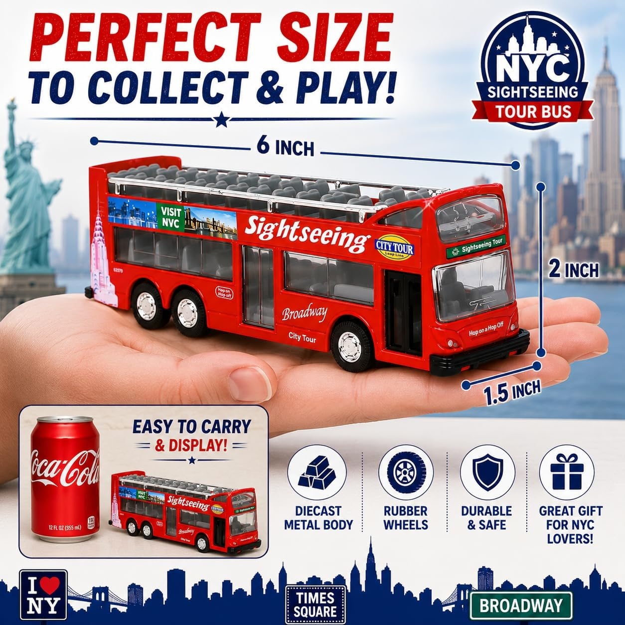 image:imageLiberty Imports 132 Scale Die Cast Sightseeing Tour Bus Toy Pull Back Vehicles Mini Double Decker Tourist Open Top Bus Model Car Pullback Action Toys with Lights and Music GreenNyc Tour