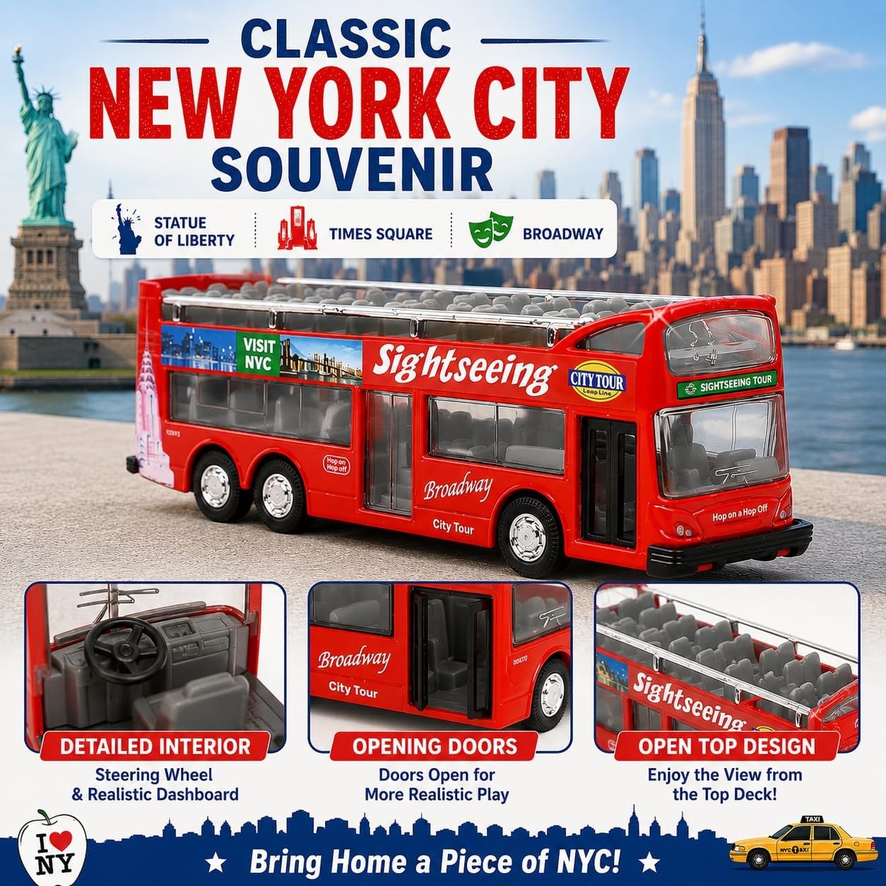image:imageLiberty Imports 132 Scale Die Cast Sightseeing Tour Bus Toy Pull Back Vehicles Mini Double Decker Tourist Open Top Bus Model Car Pullback Action Toys with Lights and Music GreenNyc Tour