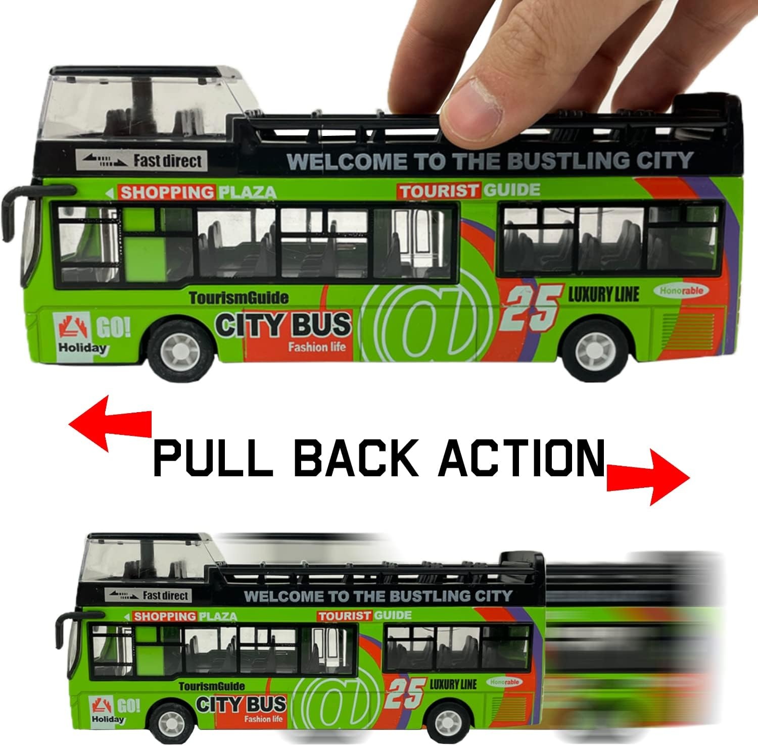 image:imageLiberty Imports 132 Scale Die Cast Sightseeing Tour Bus Toy Pull Back Vehicles Mini Double Decker Tourist Open Top Bus Model Car Pullback Action Toys with Lights and Music GreenGreen