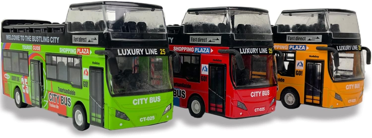 image:imageLiberty Imports 132 Scale Die Cast Sightseeing Tour Bus Toy Pull Back Vehicles Mini Double Decker Tourist Open Top Bus Model Car Pullback Action Toys with Lights and Music GreenRed