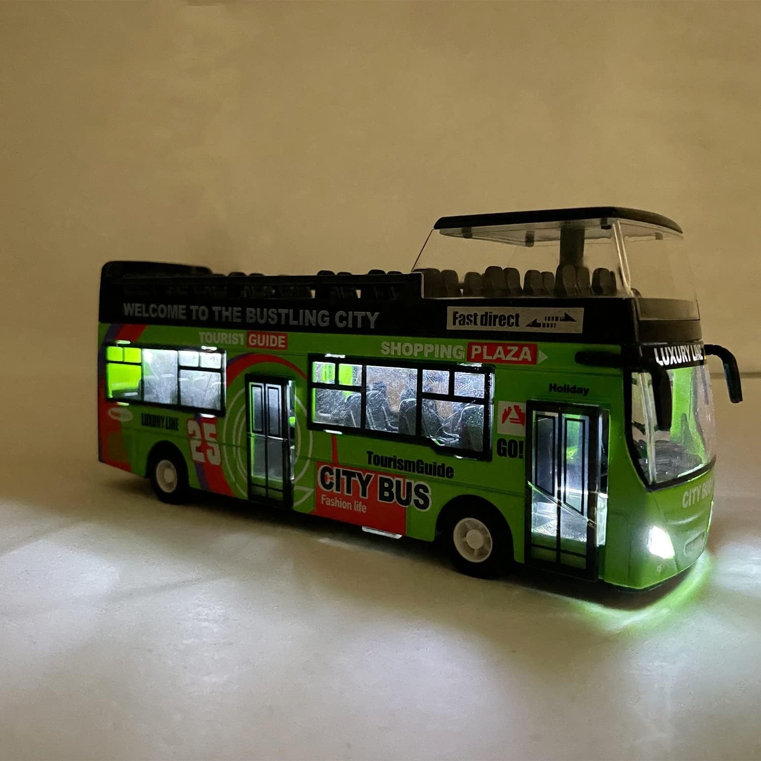 image:imageLiberty Imports 132 Scale Die Cast Sightseeing Tour Bus Toy Pull Back Vehicles Mini Double Decker Tourist Open Top Bus Model Car Pullback Action Toys with Lights and Music GreenGreen