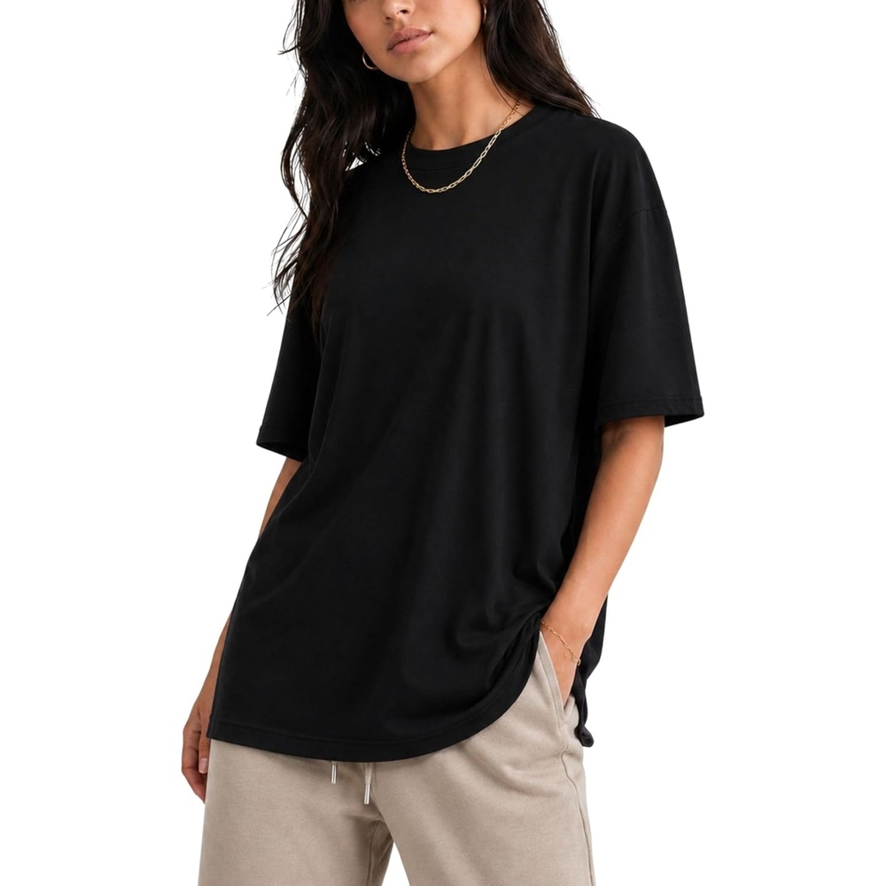 image:imageOversized T Shirts for Women Drop Shoulder Loose Fit Crew Neck Tee Athletic Gym Workout Athleisure Sleep ShirtBlack